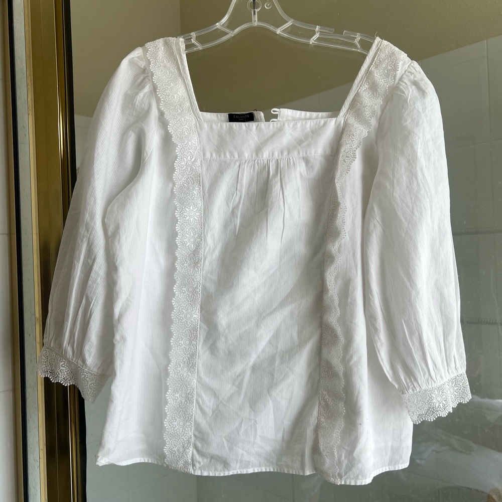 Talbots White Puff Sleeve Blouse with Ruffled Boxy Style